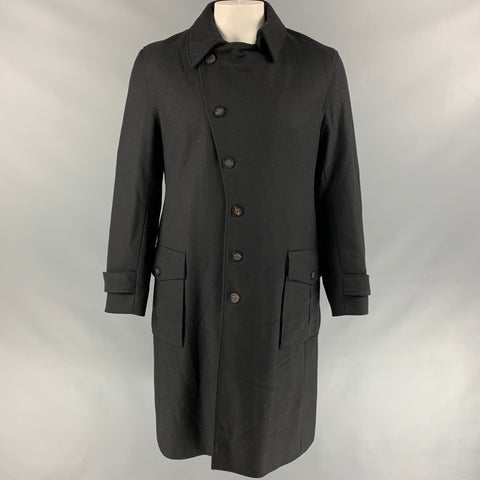 OLIVER SPENCER Size 44 Black Herringbone Wool Double Breasted Coat