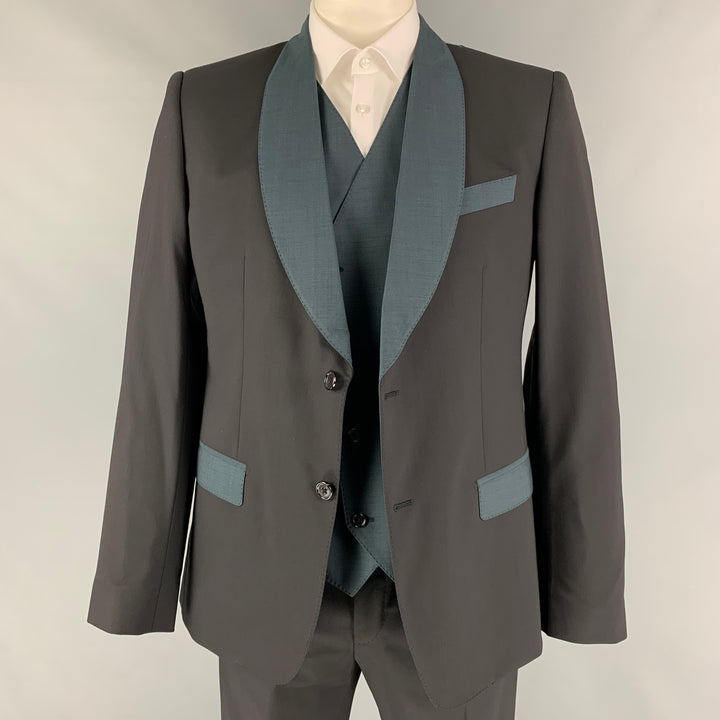 DOLCE & GABBANA Size 42 R Black Blue Two Toned Virgin Wool Tuxedo 3 Piece Suit