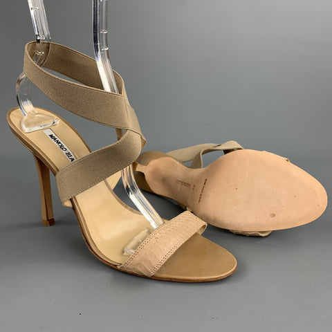 MANOLO BLAHNIK Size 10 Beige Snakeskin Strap Heel Sandals