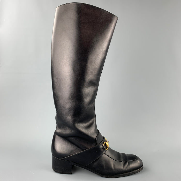 GUCCI Size 10 Black Leather Horsebit Riding Boots