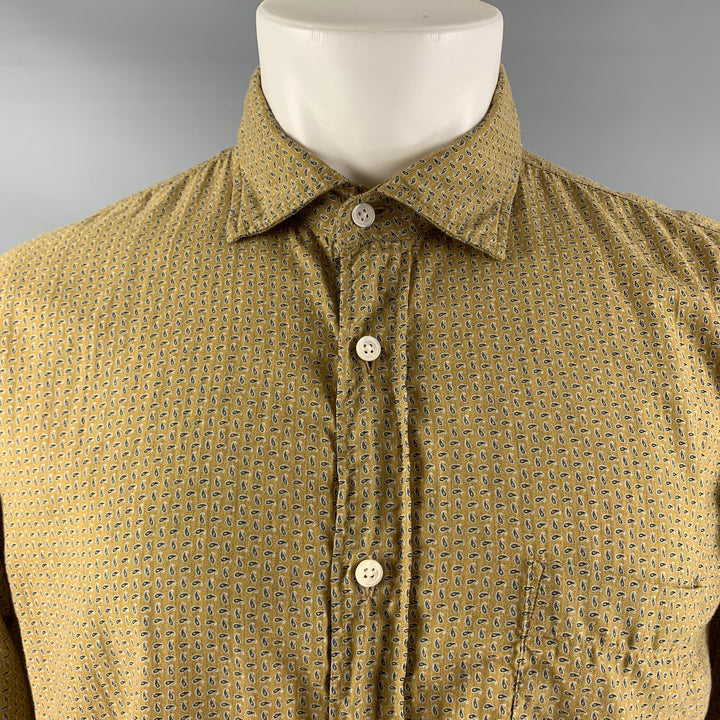 HARTFORD Size L Mustard Navy Print Cotton Button Down Long Sleeve Shirt