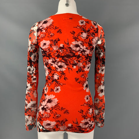 JEAN PAUL GAULTIER SOLEIL Size S Orange & White Nylon Floral V-Neck Blouse