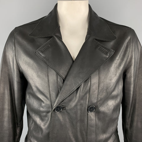 TED BAKER L Black Leather Double Breasted Peacoat