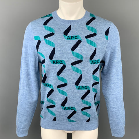 A.P.C. Size L Light Blue Print Merino Wool Crew-Neck Pullover