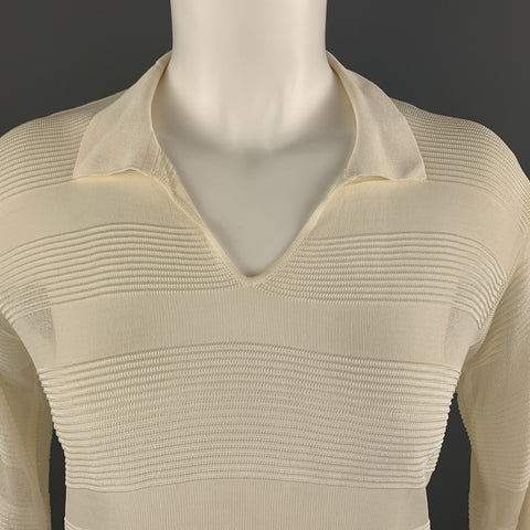 GIORGIO ARMANI Size 4 Cream Burnout Striped Viscose Collared Pullover