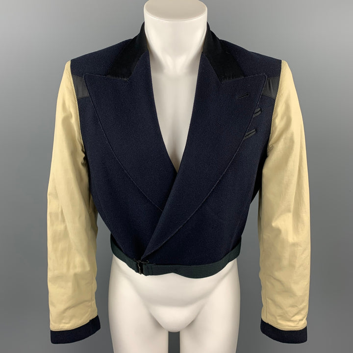 Vintage JEAN PAUL GAULTIER Talla 36 Chaqueta recortada de lana de tejidos mixtos azul marino y beige