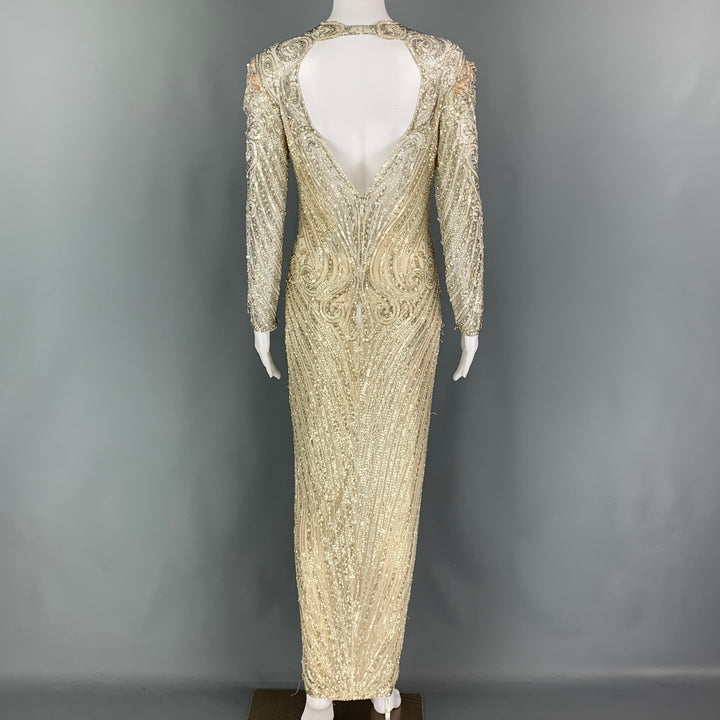 Vintage BOB MACKIE Size 6 Cream Silver Silk Beaded Long Sleeve Dress
