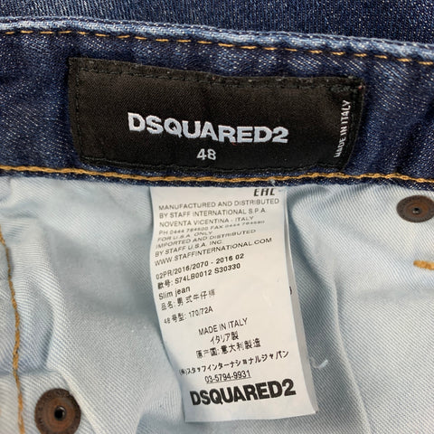 DSQUARED2 Size 32 Blue Distressed Cotton Knee Patch Slim Jeans