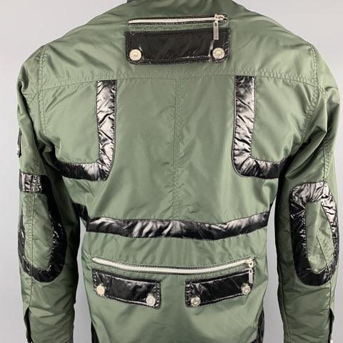POLBOT Size L Olive & Black Solid Nylon Zip & Snaps Jacket