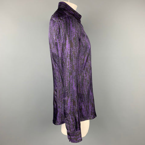 VERSACE Size L Purple & Black Print Silk Button Up Long Sleeve Shirt