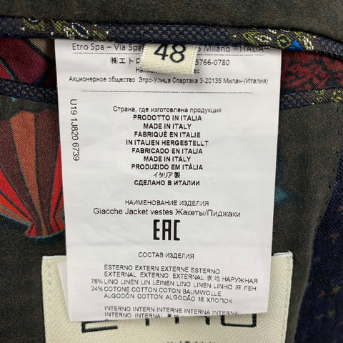 ETRO Size 38 Navy Olive Linen Cotton Single Breasted Slim Fit Suit
