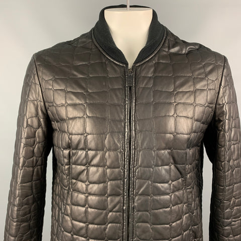 GIORGIO ARMANI Size 46 Black Quilted Leather Zip Up Bomber Jacket