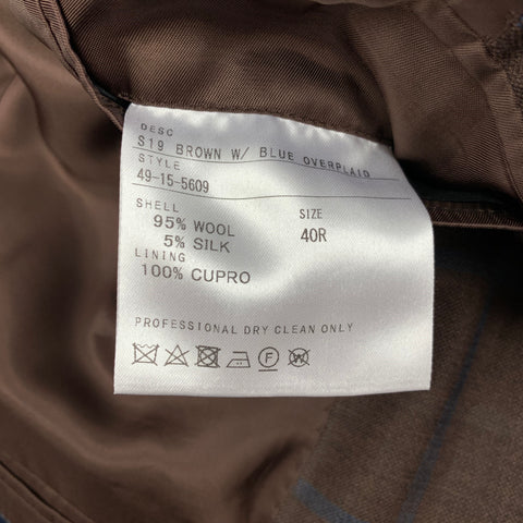 BARNEY'S NEW YORK Size 40 Brown Navy Plaid Wool Silk Sport Coat