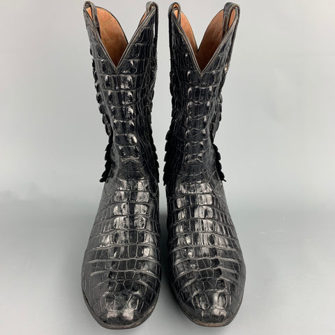 AMMONS Taille 9,5 Bottes de cowboy à enfiler en alligator noir à dos de corne noir