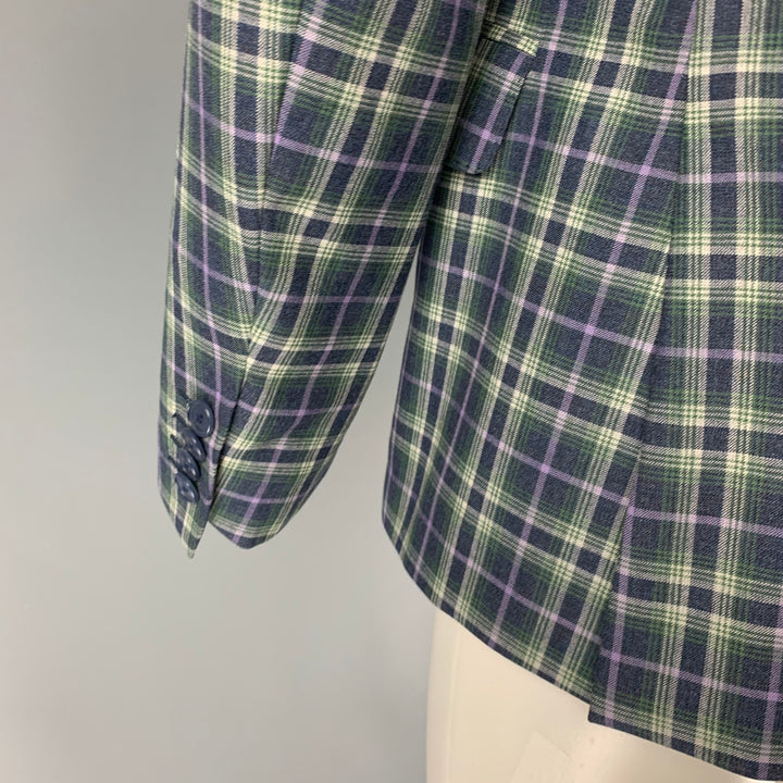 ETRO Size 40 Green Purple White Navy Plaid Wool Sport Coat