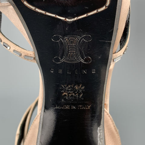 CELINE Size 6.5 Rose Crystal Embellishment Silk Ankle Strap Pumps