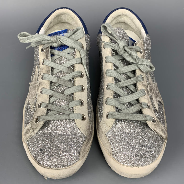 GOLDEN GOOSE 2019 Superstar Size 8 Silver & Blue Glitter Low Top Sneakers