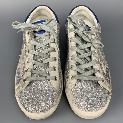GOLDEN GOOSE 2019 Superstar Taille 8 Baskets basses à paillettes argentées et bleues