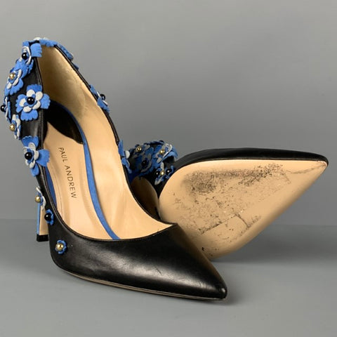 PAUL ANDREW Size 7 Black Blue Leather Floral Applique Pumps