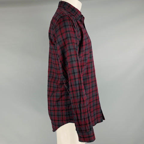 THEORY Size M Burgundy Charcoal Plaid Cotton Button Up Long Sleeve Shirt