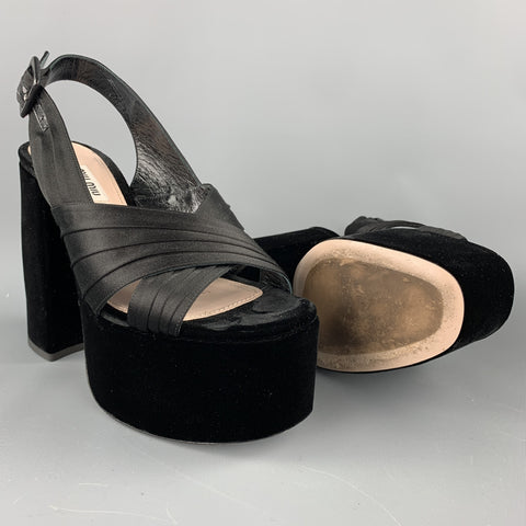 MIU MIU Size 8 Black Satin Chunky Heel Platform Sandals