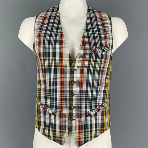 TED BAKER Size L Multi-Color Plaid Cotton Linen Buttoned Vest