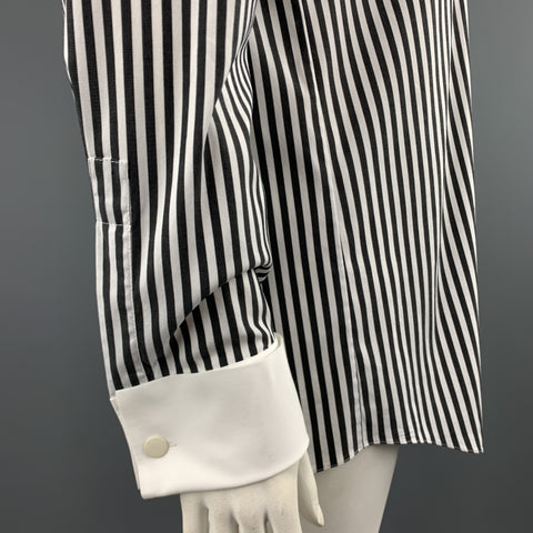 MICHAEL KORS Size 12 Black & White Striped Cotton Blend French Cuff Blouse