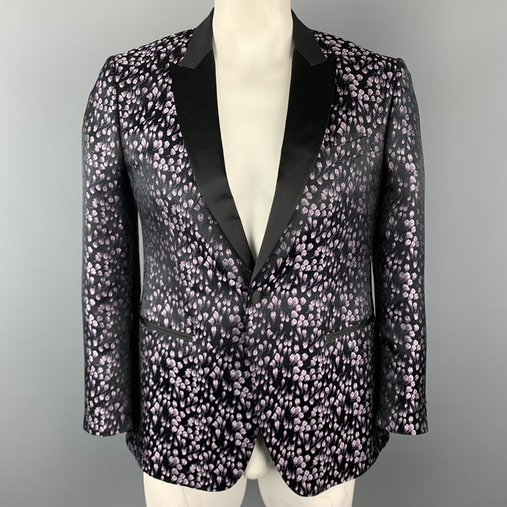 JOHN VARVATOS Size 42 Black & Lavender Floral Jacquard Silk Peak Lapel Sport Coat