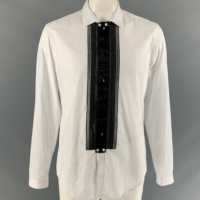 JUST CAVALLI Size L White & Black Cotton Button Up Long Sleeve Shirt