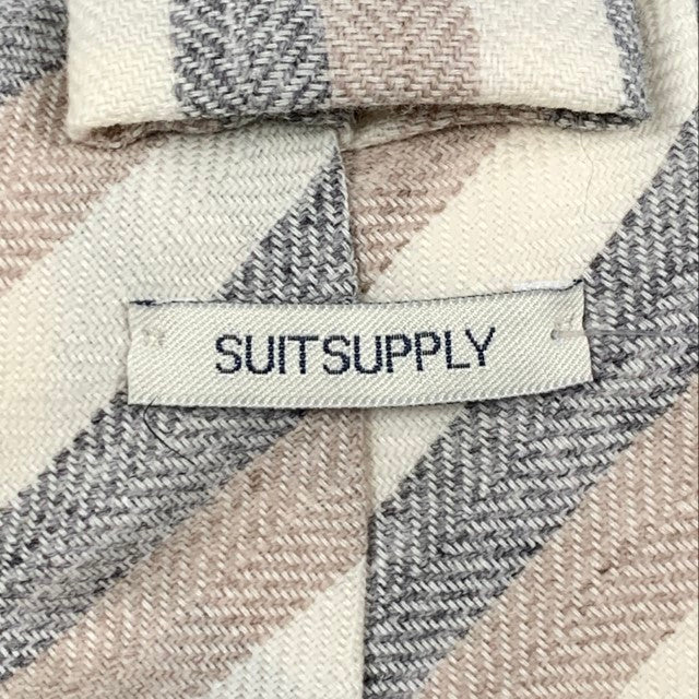 SUITSUPPLY Taille S Crème Gris Taupe Rayure Diagonale Cravate En Laine/Soie