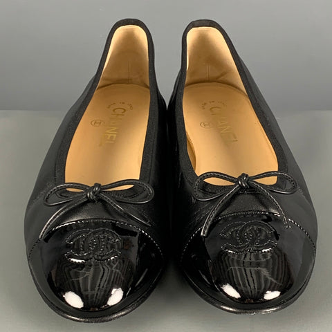 CHANEL Size 11 Black Leather Cap Toe Flats