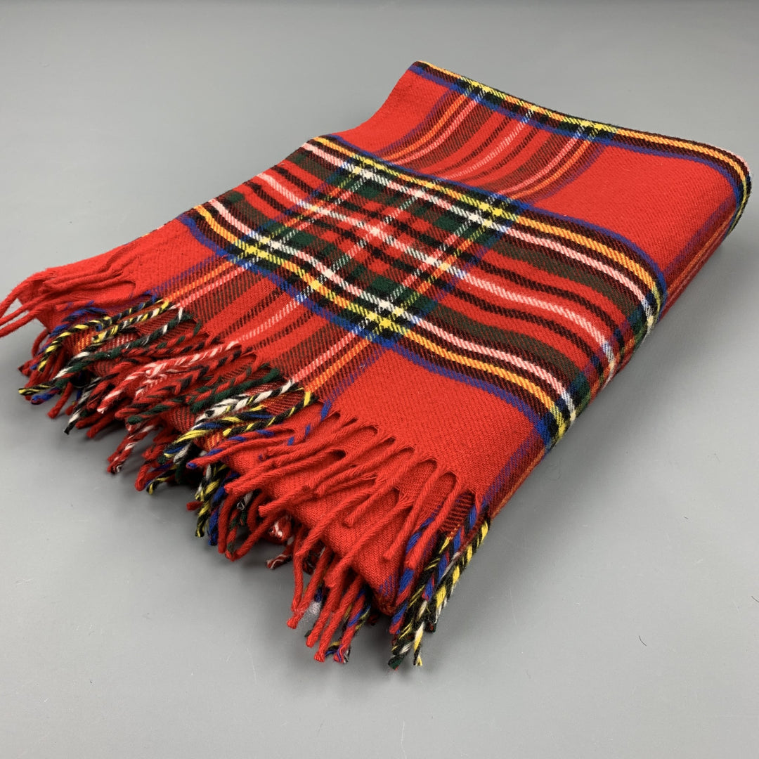 FARIBAULT Plaid Red Wool Fringe Throw Blanket