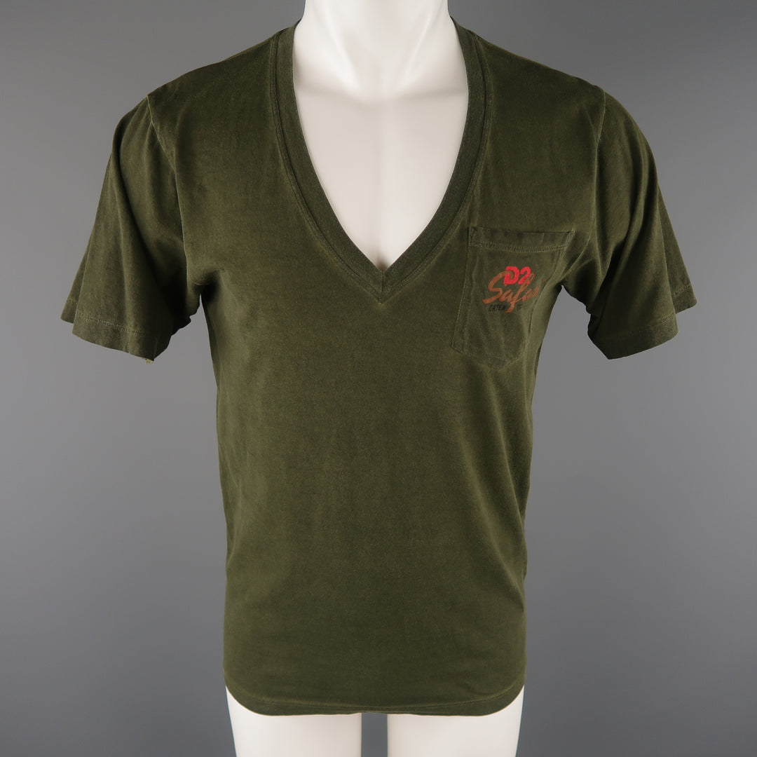 DSQUARED2 Size S Olive Dyed Cotton V-neck T-shirt