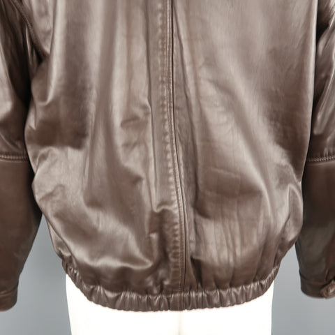 GOLDEN BEAR S Brown Solid Leather Zip Up Collared Bomber Jacket