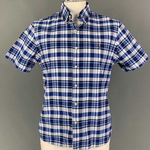 RALPH LAUREN Size L Blue White Plaid Cotton Short Sleeve Shirt