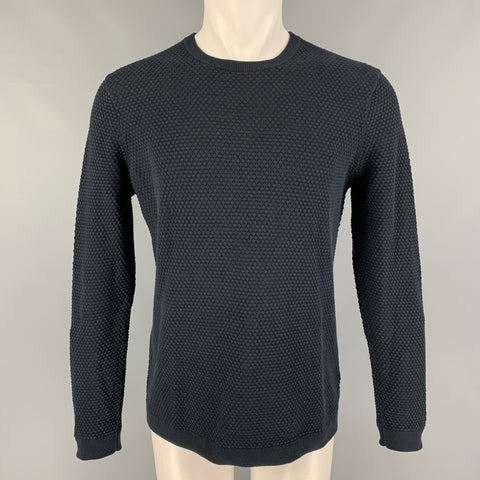 THEORY Size M Navy Waffle Knit Cotton Crew-Neck Pullover