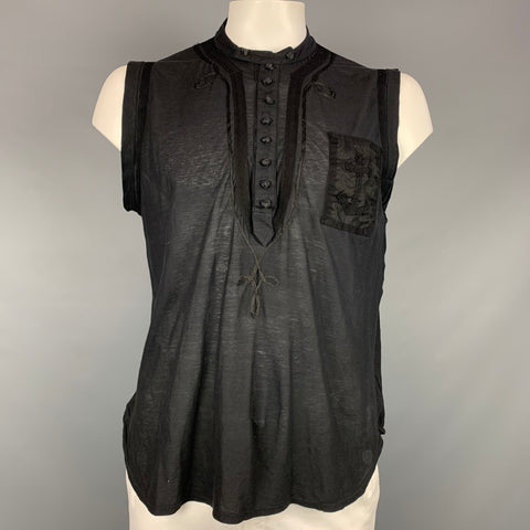 Vintage JEAN PAUL GAULTIER Size XL Black Applique Cotton Nehru Collar T-shirt
