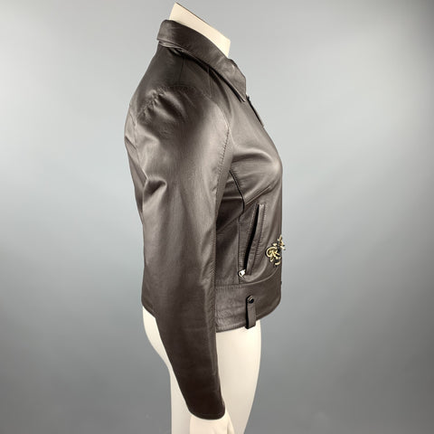 GIZIA Size 6 Brown Leather Bumble Bee Embellishment Zip Up Jacket