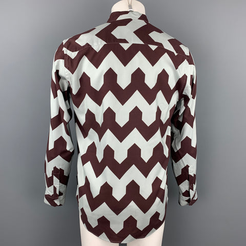 EMPORIO ARMANI Diffusion Size M Grey & Brown Zig Zag Hidden Buttons Long Sleeve Shirt