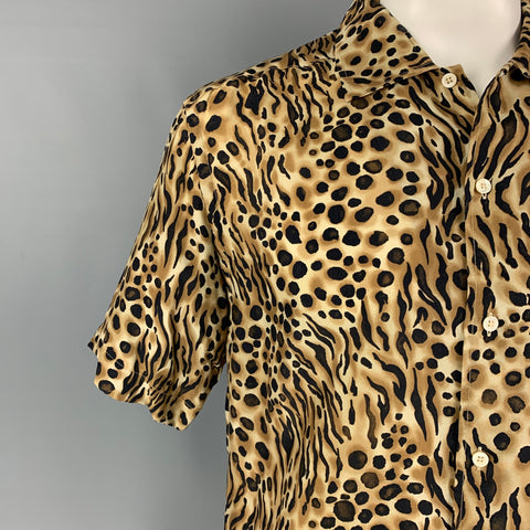 BRIONI Size L Tan Black Animal Print Rayon Camp Short Sleeve Shirt