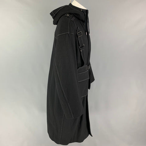 CHRISTIAN DADA Size 38 Black Contrast Stitch Wool Hooded Chest Bag Melton Coat