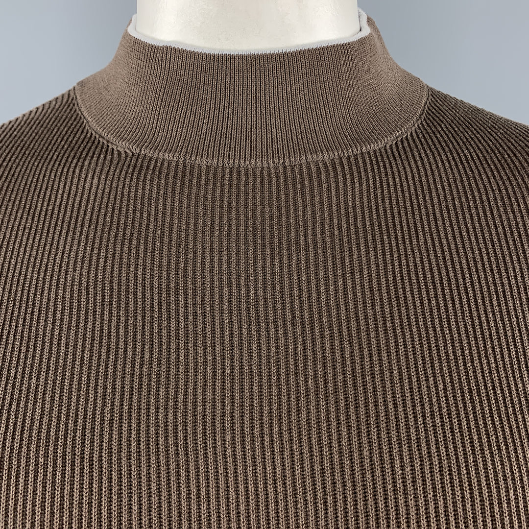 BRUNELLO CUCINELLI Size XL Brown Ribbed Knit Cotton High Mockj Neck Collar Pullover