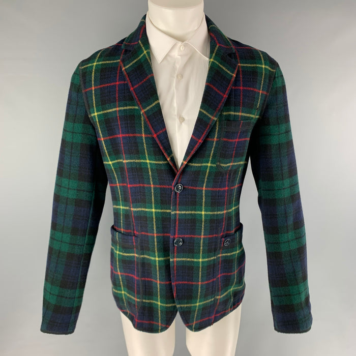 MOSCHINO Chest Size 40 Size 40 Green Navy Plaid Notch Lapel Jacket