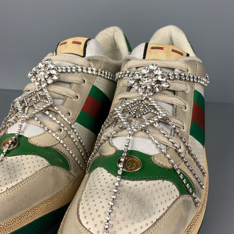 GUCCI Size 15 Off White Green Distressed Leather Crystal Screener Sneakers