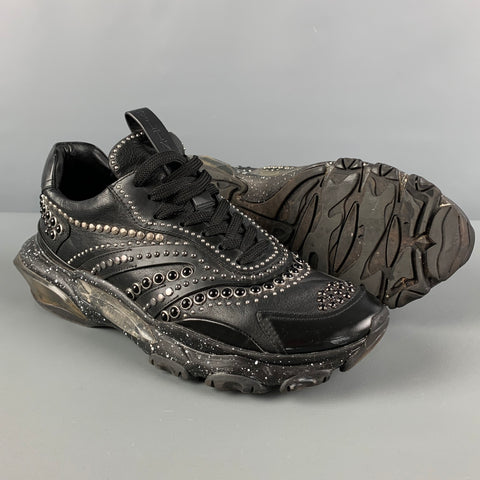 VALENTINO Size 8 Black Silver Studded Leather Lace Up Sneakers