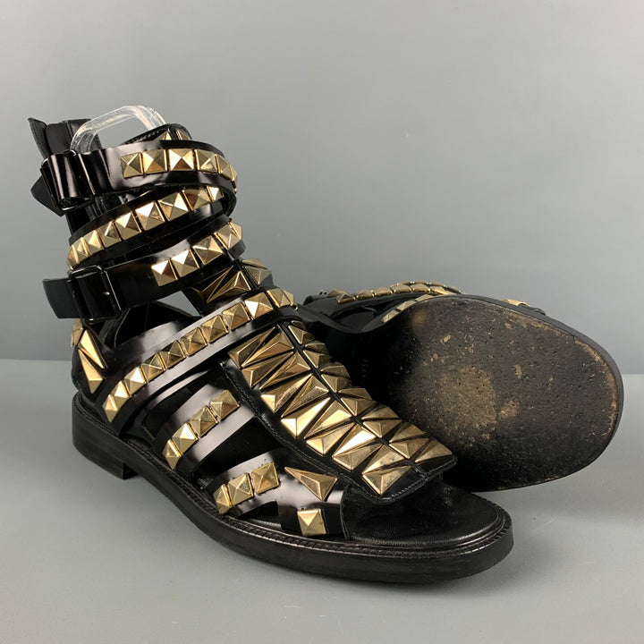 GIVENCHY SS 10 Size 11 Black Gold Studded Leather Gladiator Sandals