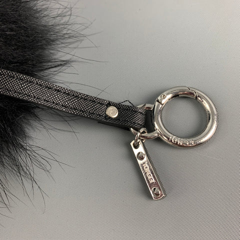 FENDI Black Yellow Leather Fox Fur Bag Bug Charm Keyring