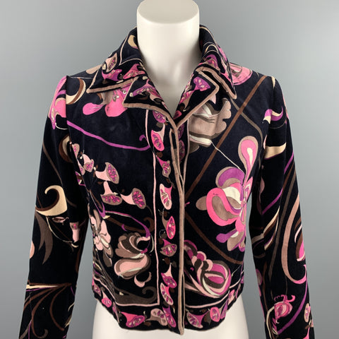 Vintage EMILIO PUCCI Size M Black & Pink Floral Velvet Cropped Jacket
