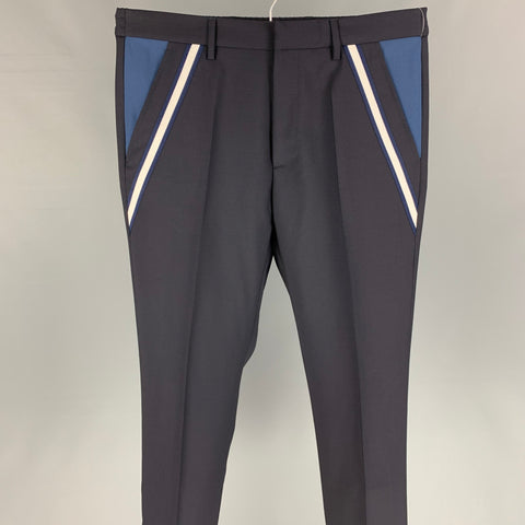 VALENTINO Size 32 Navy & White Wool / Mohair Zip Fly Dress Pants