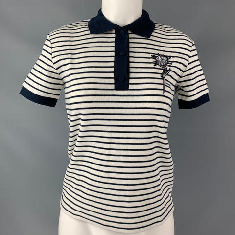 CARVEN Size S White Navy Cotton Elastane Stripe Polo Shirt